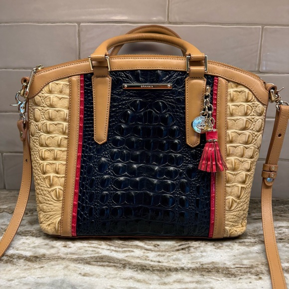 Brahmin Croc-Embossed Dome Satchel - Navy, Beige, Tan & Red Matching Wallet - Picture 4 of 16